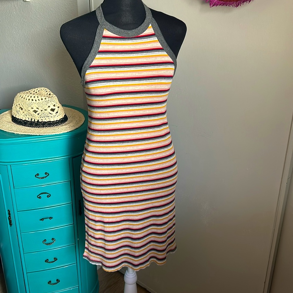 New Striped Ribbed Halter Knit Racerback Summer Vacation Cover Up Tank Dress